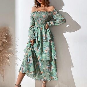 Floral Off-Shoulder Green Dress